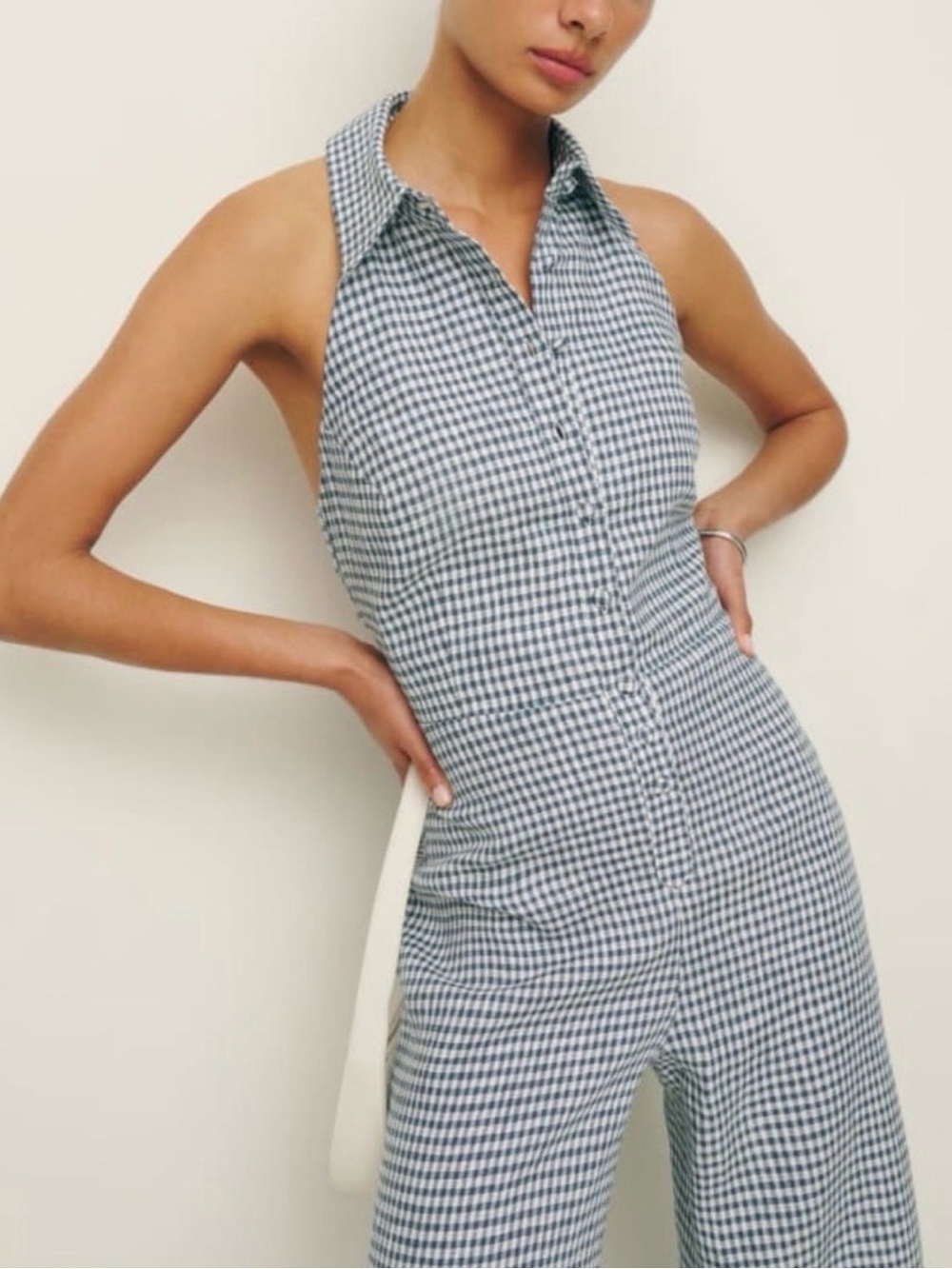 Reformation Ryan Linen Blue Gingham Halter Jumpsuit
